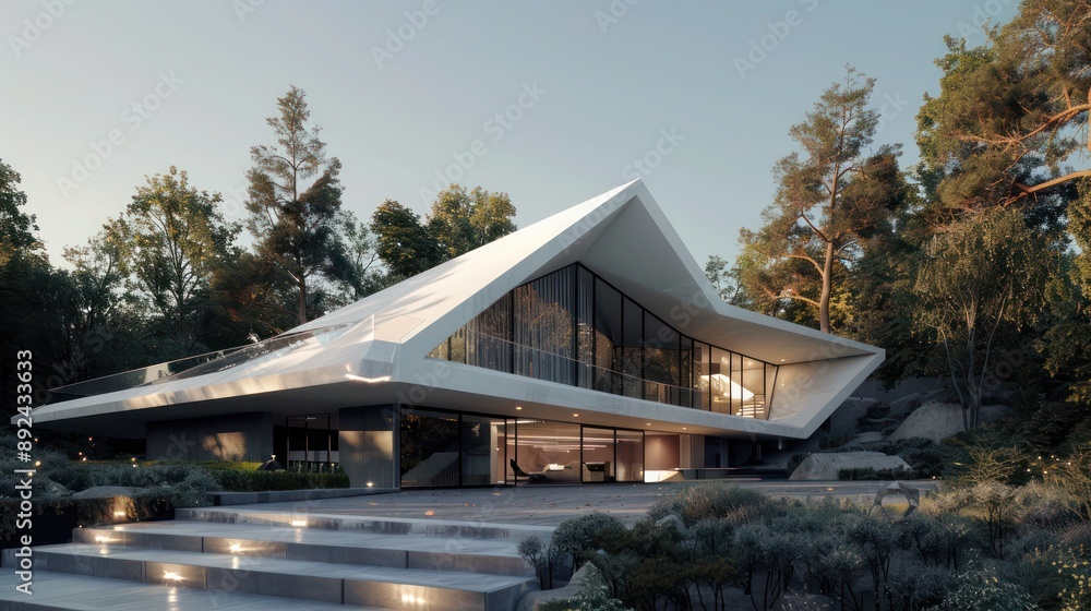 Luxurious, minimal suburban home with a unique angular design, set against a backdrop of mature trees Luxurious, minimal suburban home with a unique angular design, set against a backdrop of mature trees