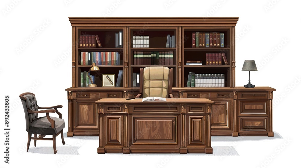 A traditional office furniture set with a wooden desk, chair, and bookcase on white background A traditional office furniture set with a wooden desk, chair, and bookcase on white background