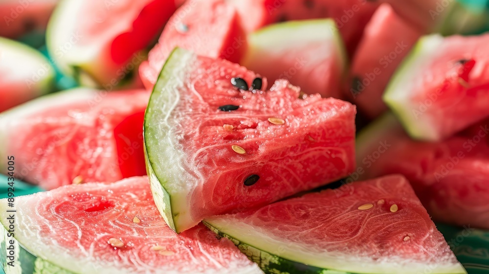 Close-up of juicy watermelon slices with seeds, showcasing the vibrant red flesh and green rind, perfect for summer refreshment. Close-up of juicy watermelon slices with seeds, showcasing the vibrant red flesh and green rind, perfect for summer refreshment.