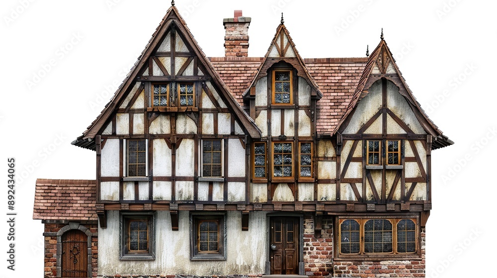 A Tudor-style home with half-timbering on a white background A Tudor-style home with half-timbering on a white background