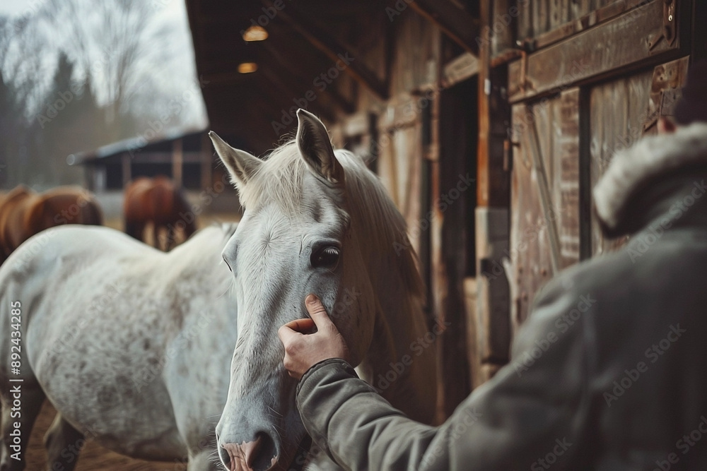 Gentle Touch White Horses in a Serene Stable Setting Gentle Touch White Horses in a Serene Stable Setting
