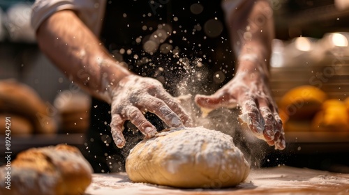 Baker kneading dough in a floury environment, preparing bread. Culinary and artisan baking concept