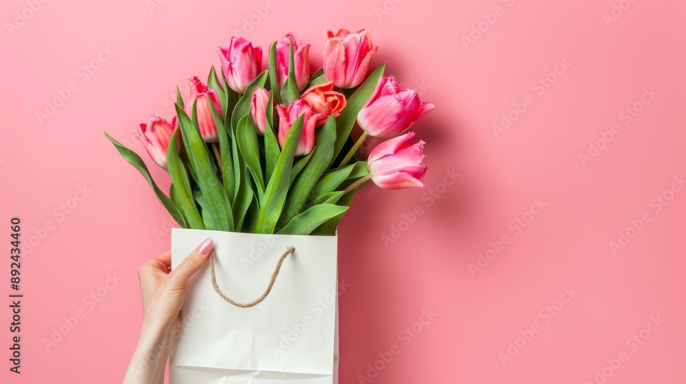Obraz premium Bouquet of pink tulips in a white paper bag against a pink background. Spring gift and celebration concept