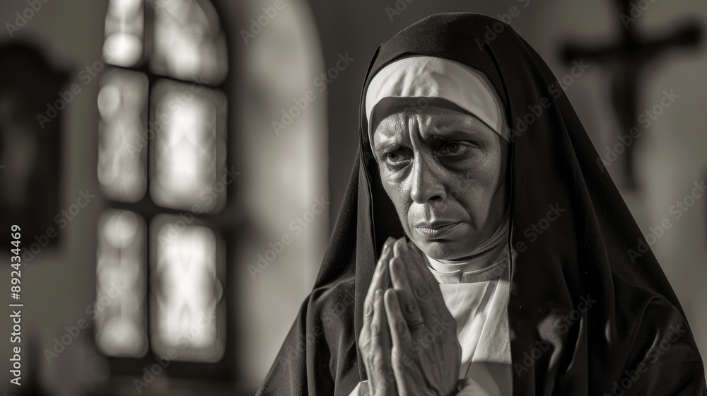 Naklejka premium Nun praying in a dimly lit church, black and white portrait. Spirituality and devotion concept