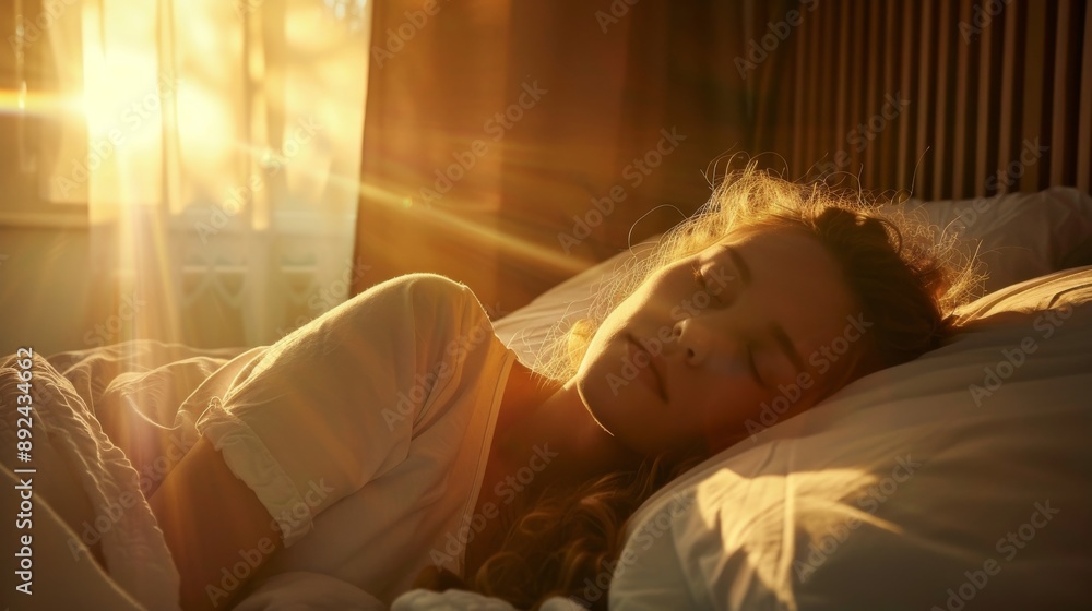 Obraz premium Woman sleeping peacefully in morning sunlight in cozy bedroom, peaceful rest concept