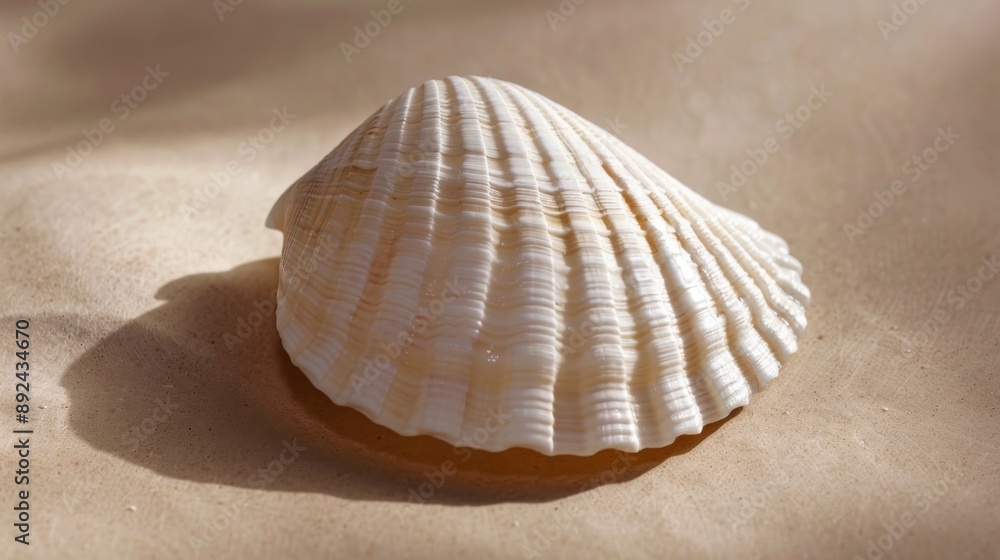Seashell on sandy beach under sunlight, close-up macro. Natural coastal beauty concept Seashell on sandy beach under sunlight, close-up macro. Natural coastal beauty concept