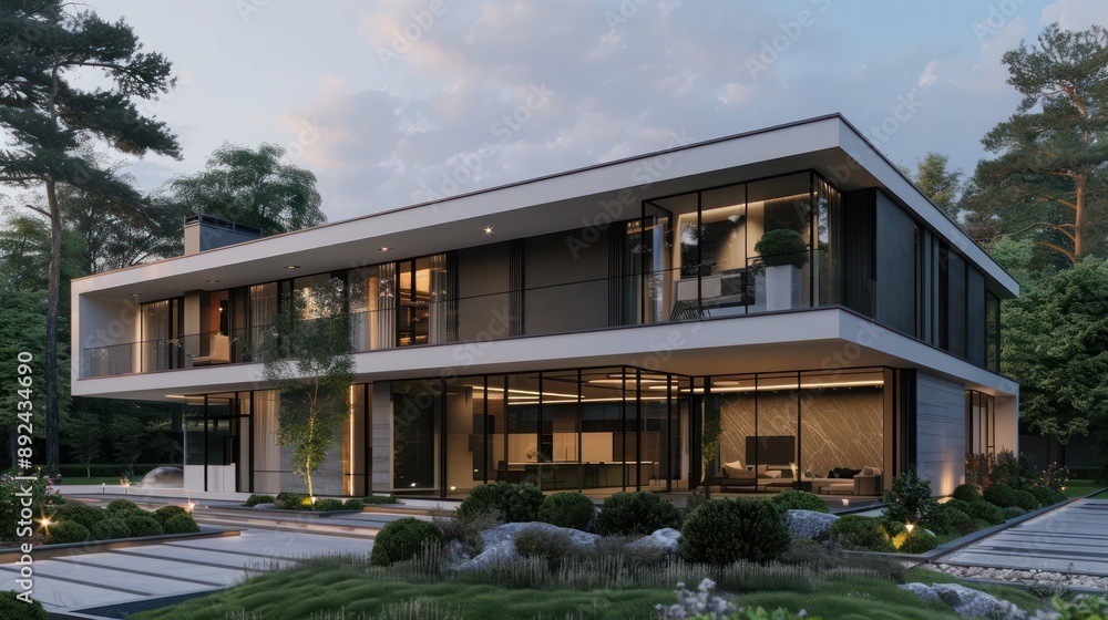 Luxurious modern suburban home with a sleek design, featuring large windows and a minimalist landscaping Luxurious modern suburban home with a sleek design, featuring large windows and a minimalist landscaping