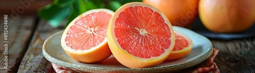 Whole and cut grapefruit on a plate, Fresh fruits, tangy and refreshing