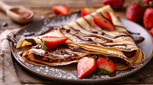 Freshly made crepes with Nutella and sliced strawberries