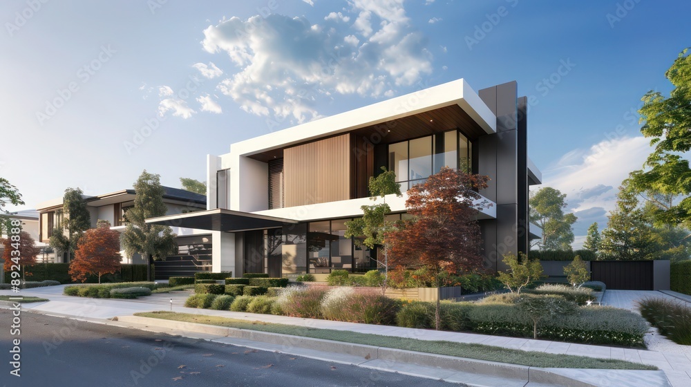 Luxurious modern suburban home with a flat, clean facade, surrounded by low-maintenance landscaping Luxurious modern suburban home with a flat, clean facade, surrounded by low-maintenance landscaping