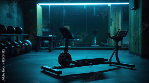 Silent Dedication: Empty Rowing Machine in Dimly Lit Gym Signifying Fitness Commitment and Post-Workout Serenity photo