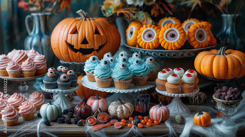 Creative Halloween-Themed Treats with Spooky Decorations on Table Creative Halloween-Themed Treats with Spooky Decorations on Table