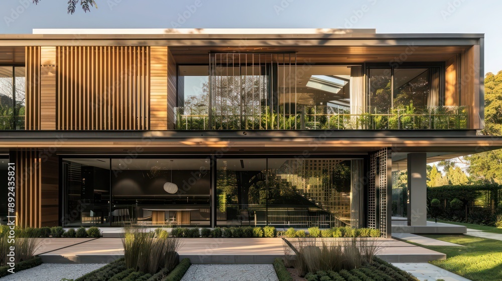 Luxurious suburban facade with a combination of wooden slats and large glass panels, complemented by minimalist landscaping Luxurious suburban facade with a combination of wooden slats and large glass panels, complemented by minimalist landscaping