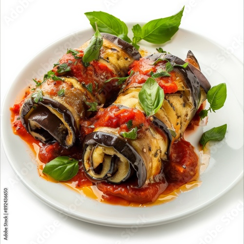 Eggplant rollatini topped with tomato sauce and basil photo