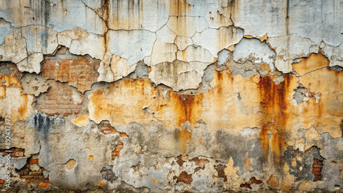 Weathered, grimy concrete wall with cracks, stains, and peeling paint, showcasing urban decay and neglect in a gritty, industrial, abstract background texture. photo