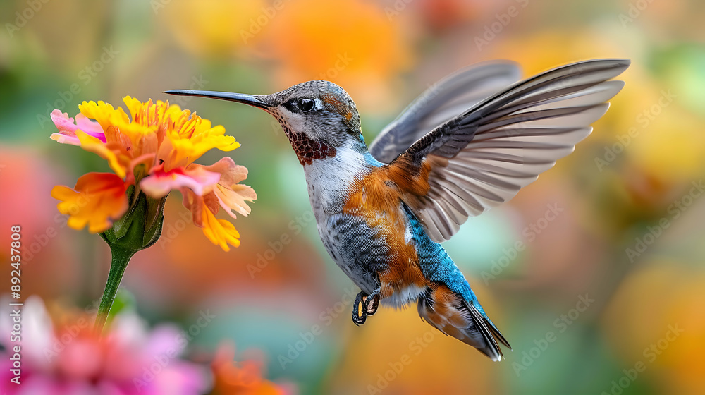Fototapeta premium Hummingbird in Flight with Colorful Flowers - Photo