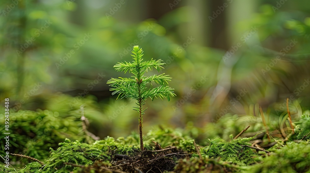 A small tree is growing in a patch of moss. Concept of growth and new beginnings A small tree is growing in a patch of moss. Concept of growth and new beginnings