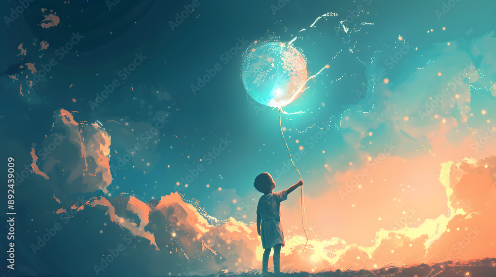 A child reaches for a glowing balloon in a dreamlike sky filled with vibrant colors and soft clouds, symbolizing hope and imagination. A child reaches for a glowing balloon in a dreamlike sky filled with vibrant colors and soft clouds, symbolizing hope and imagination.