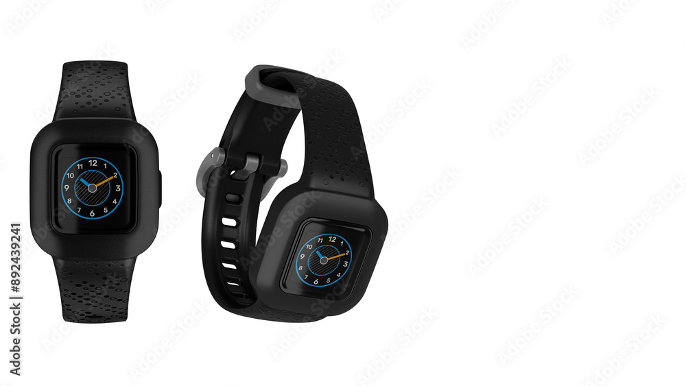 Closeup of small black smartwatches with blue accents, isolated on white copy-space background. Closeup of small black smartwatches with blue accents, isolated on white copy-space background.