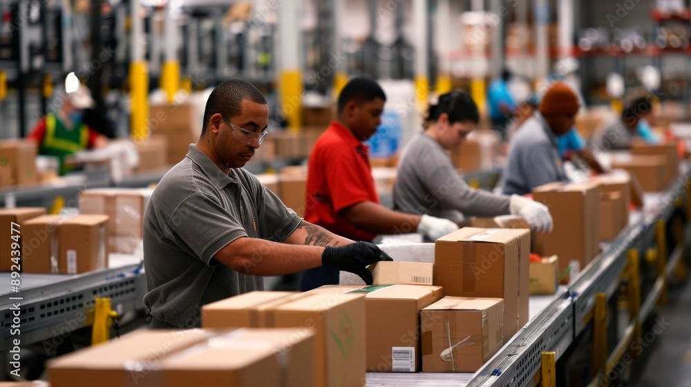 Employees work on an assembly line at a factory. Employees work on an assembly line at a factory.