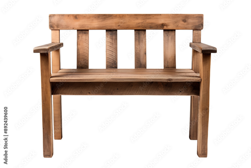 Wooden bench with backrest and armrests, suitable for outdoor garden or patio seating. Natural wood finish, isolated on a white background. Wooden bench with backrest and armrests, suitable for outdoor garden or patio seating. Natural wood finish, isolated on a white background.