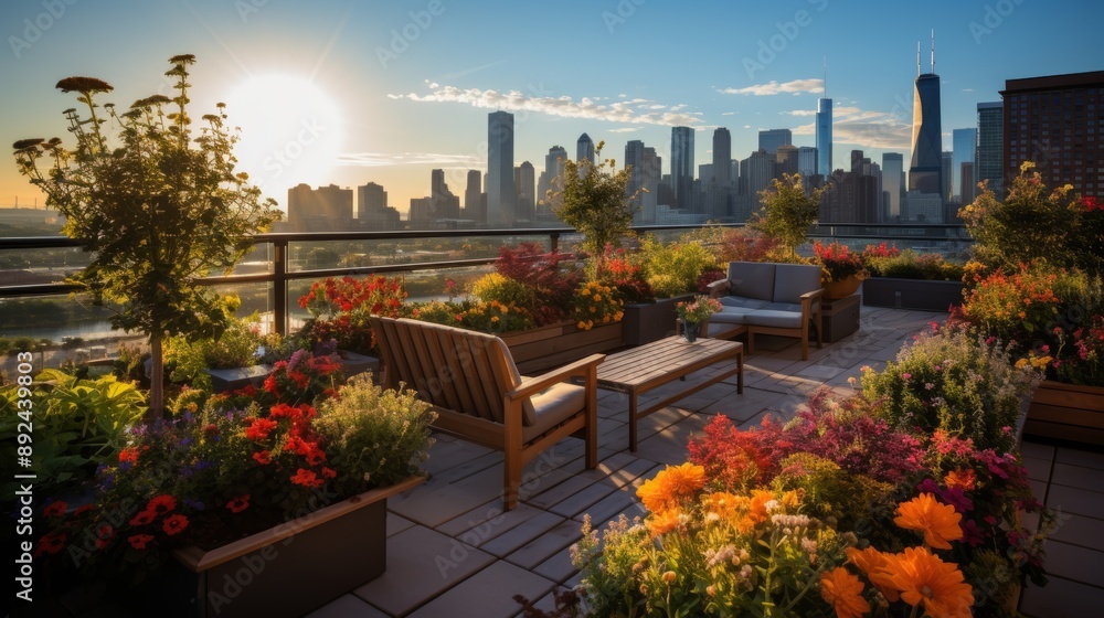 Beautiful rooftop garden with vibrant flowers and seating area overlooking the cityscape at sunrise, creating a serene urban oasis. Beautiful rooftop garden with vibrant flowers and seating area overlooking the cityscape at sunrise, creating a serene urban oasis.