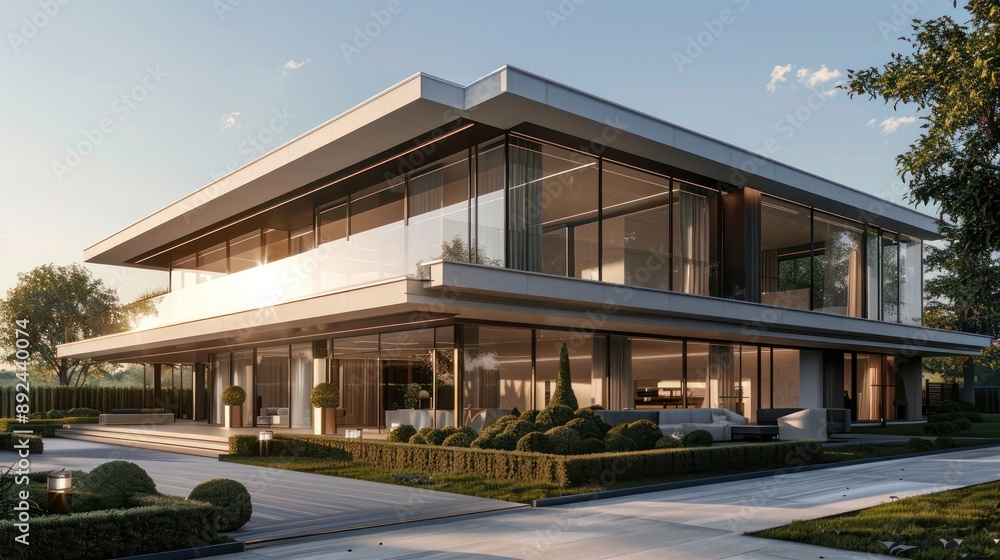 Fototapeta premium Luxurious suburban home with a minimalist aesthetic, featuring an all-glass facade and neatly arranged landscaping