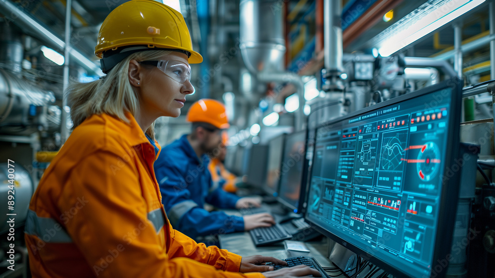 female engineer in a manufacturing plant with many screens female engineer in a manufacturing plant with many screens