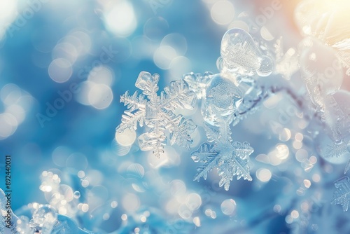 A snowflake is on a branch in the snow. The snowflake is surrounded by a blurry background