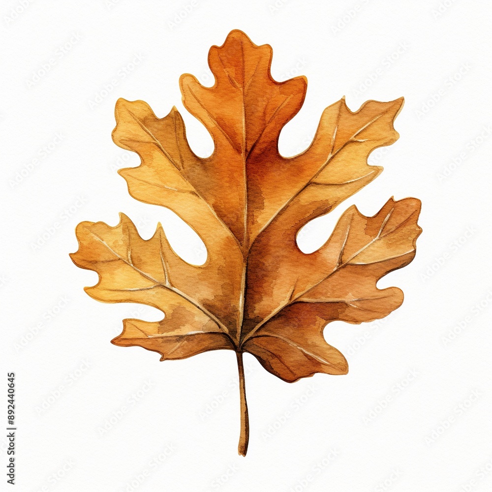 Obraz premium A watercolor painting of oak autumn leaf with a brown stem