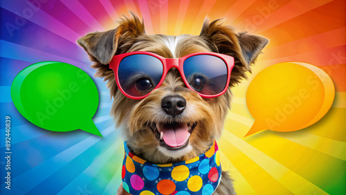 Adorable dog wearing shades and bandana, surrounded by vibrant colors, gives a cool pose with trendy speech bubble design expressing fun and playful vibes. photo