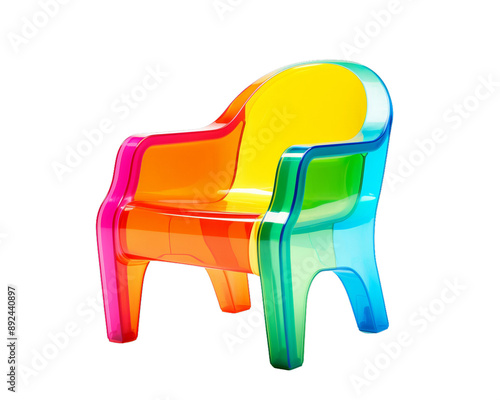 Colorful modern plastic chair with a vibrant multicolored design, perfect for adding a pop of color to any space. Stylish and durable furniture. photo