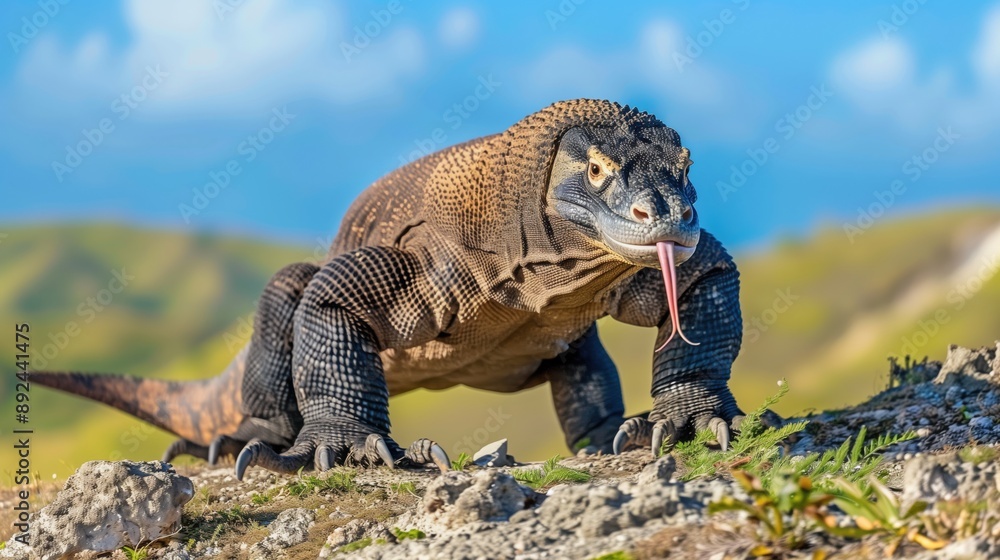 A large Komodo Dragon standing on a rocky surface with a blurred background of the National Park panorama A large Komodo Dragon standing on a rocky surface with a blurred background of the National Park panorama