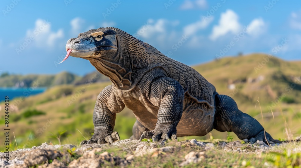 Obraz premium A large Komodo Dragon standing on a rocky surface with a blurred background of the National Park panorama