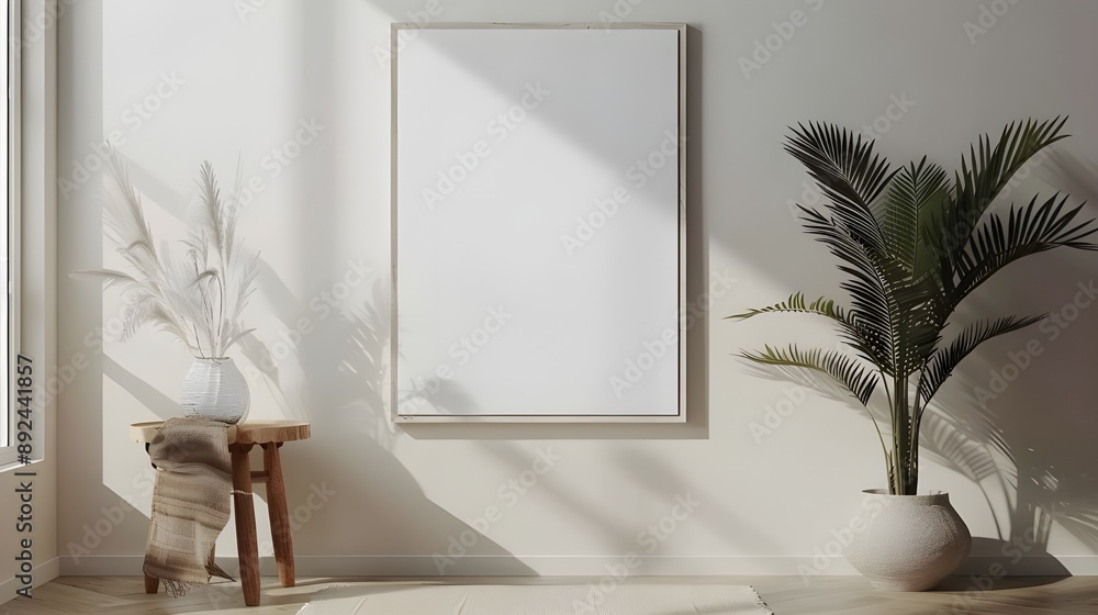 Modern cozy mock up and decoration furniture of living room and empty canvas frame on the white wall texture background, 3D rendering Modern cozy mock up and decoration furniture of living room and empty canvas frame on the white wall texture background, 3D rendering