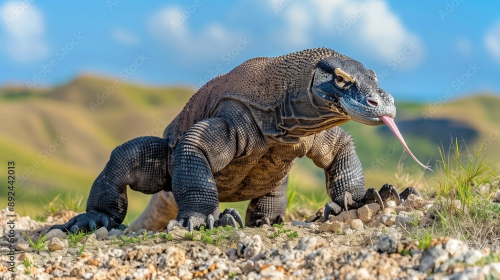 Obraz premium A large Komodo Dragon standing on a rocky surface with a blurred background of the National Park panorama