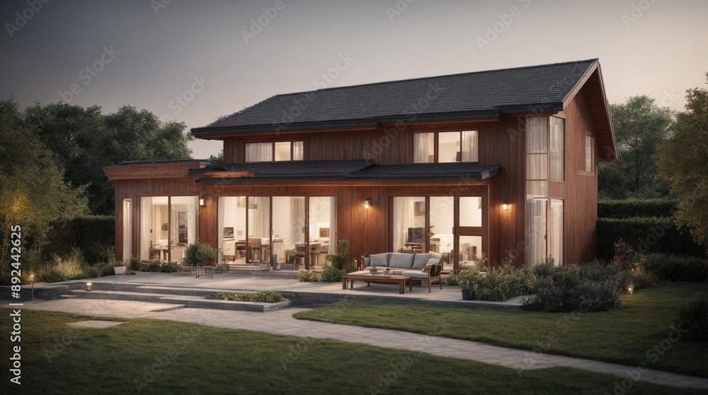 Modern Suburban Tranquility at Dusk: A stylish, contemporary home glows warmly at twilight, showcasing its inviting backyard oasis. Modern Suburban Tranquility at Dusk: A stylish, contemporary home glows warmly at twilight, showcasing its inviting backyard oasis.