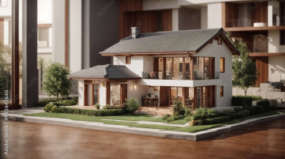 Fototapeta premium Dream Home in Miniature: A meticulously crafted miniature model of a charming two-story house with a warm and inviting aesthetic, capturing the essence of modern architectural design and homeownershi