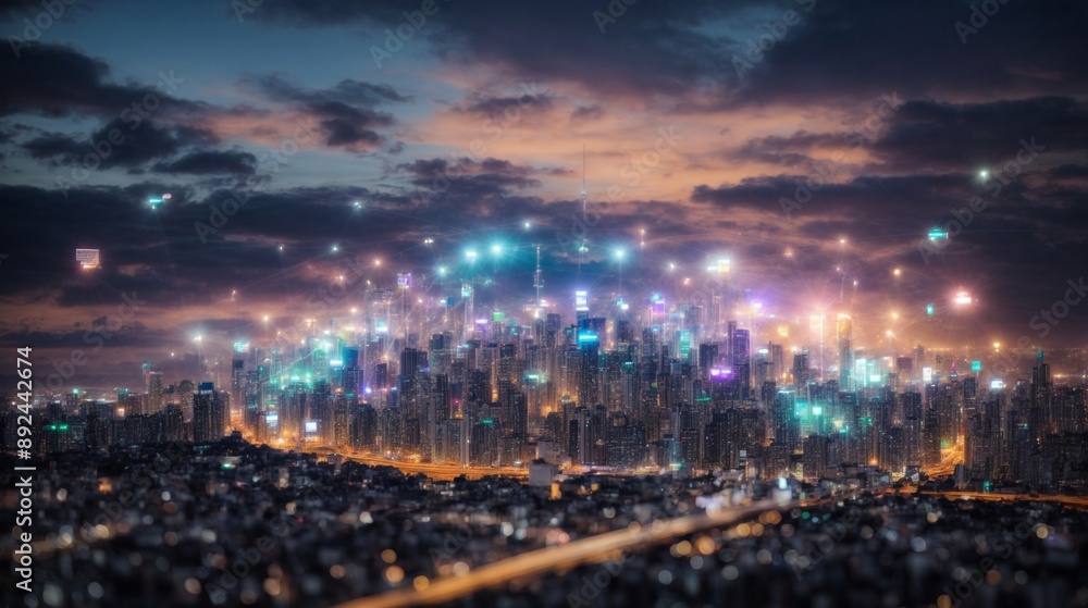 Obraz premium City of the Future: A sprawling metropolis illuminated by a network of glowing drones, hinting at a future shaped by technology and innovation.