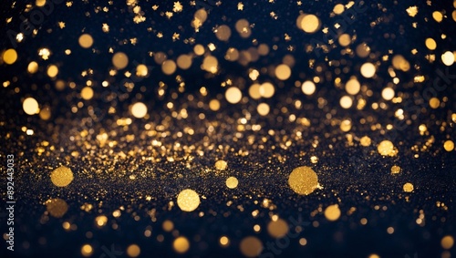 Sparkling Gold Glitter Abstract Background: A shimmering abstract background featuring a cascade of golden glitter against a deep navy backdrop. The bokeh effect creates a magical and festive atmosphe photo