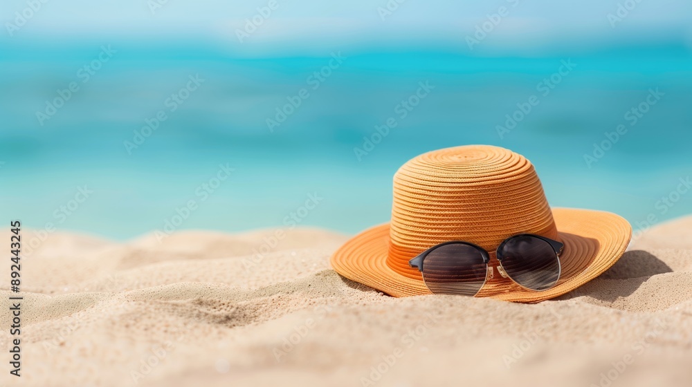 A chic straw hat and sunglasses placed on a sun-drenched beach, with the serene sea in the distance. Captures the essence of a relaxing holiday by the ocean. A chic straw hat and sunglasses placed on a sun-drenched beach, with the serene sea in the distance. Captures the essence of a relaxing holiday by the ocean.
