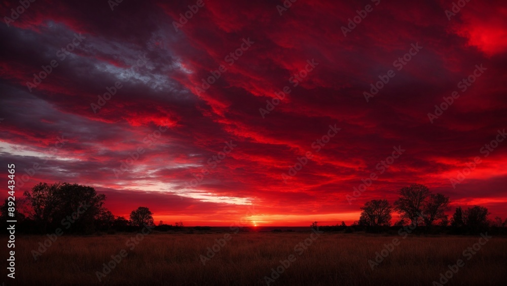 Obraz premium Fiery Sunset: Dramatic red sky, silhouetted trees, and a golden sun setting on the horizon. This image evokes feelings of warmth, passion, and the end of a day. 
