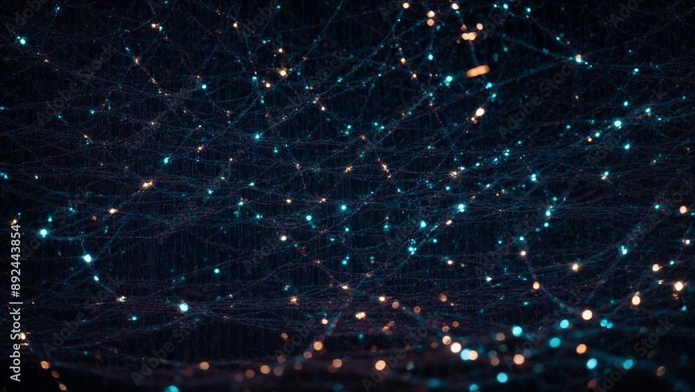 Obraz premium Abstract Network of Glowing Lights: A captivating abstract image of a network of glowing lights, reminiscent of a neural network, illuminating the vastness of the digital landscape. The intricate web 