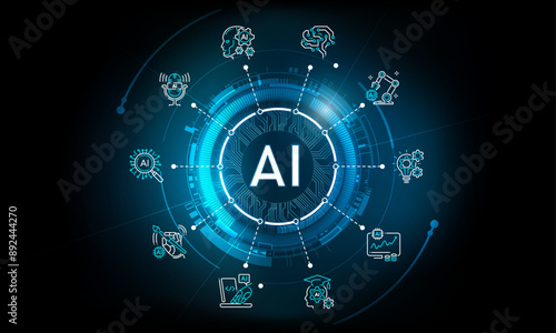 Artificial Intelligence Logo on futuristic technology background and icon, AI generative technology concept, neural network, big data, digital Hud futuristic and deep learning, vector illustration