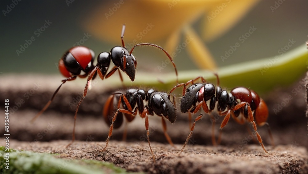 Ant Encounter: A trio of striking black ants with distinctive red heads interact on a textured surface, showcasing the fascinating details of the insect world. Ant Encounter: A trio of striking black ants with distinctive red heads interact on a textured surface, showcasing the fascinating details of the insect world.
