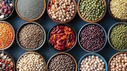 A variety of different colored beans are in bowls. The bowls are arranged in a row
