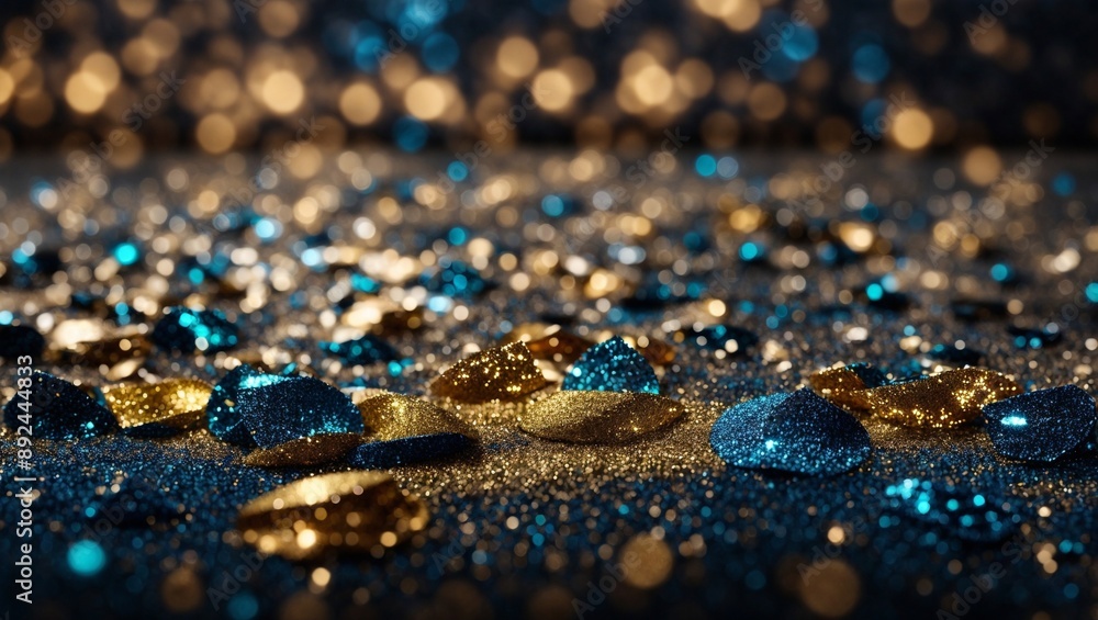 Blue and Gold Water Droplets: A macro shot of glistening blue and gold water droplets scattered on a dark background, creating a captivating abstract image. The bokeh effect adds depth and dimension, Blue and Gold Water Droplets: A macro shot of glistening blue and gold water droplets scattered on a dark background, creating a captivating abstract image. The bokeh effect adds depth and dimension,