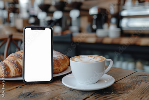 Blank Image on Smartphone Screen in Coffee Shop with Cup of Coffee and Pastries, Cozy Atmosphere, Mockup, Commercial Photography, Stock Photo