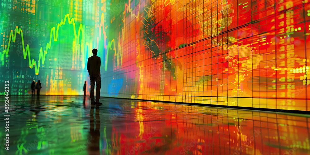 The Ebb and Flow of Wealth: Vibrant market graphs dance across a massive monitor suspended in air The Ebb and Flow of Wealth: Vibrant market graphs dance across a massive monitor suspended in air