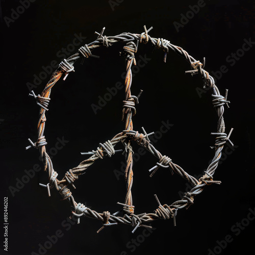 Peace symbol made out of barbed wire.